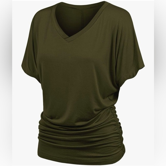 Women's Solid Short Sleeve Boat Neck V Neck Dolman Top with Side Shirring - Picture 2 of 5